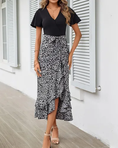 Vista 7 de BTFBM Vestidos largos de verano para mujer, manga corta, cuello en V, estampado floral, bohemio, cintura alta, con volantes, vestido largo de cóctel