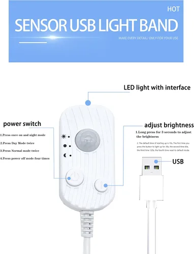 Vista 2 de Vortex HJ-J0081C - Tira de luces LED USB con sensor de movimiento, luz blanca fría de 3.3 ft, luz LED regulable para armario, activada por Blanco
