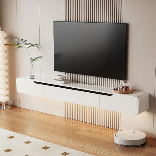 Vista 10 de FurniNova Soporte de TV flotante de alto brillo con 3 puertas, mueble de TV de 47'' montado en pared, consola bajo TV, estante de medios flotante