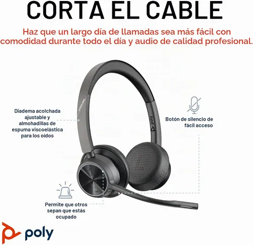 Vista 2 de Poly Voyager 4320 UC Auriculares inalámbricos (Plantronics) - Auriculares estéreo con micrófono con cancelación de ruido - Conecta PC/Mac/Móvil vía