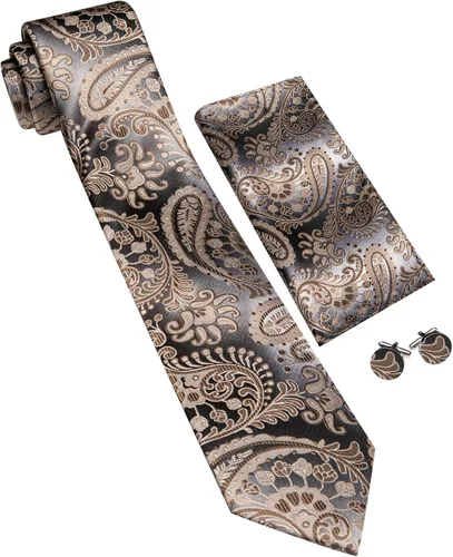 Vista 159 de Barry.Wang - Juego de corbata de seda para hombre, diseño de cachemira, pañuelo y gemelos de bolsillo