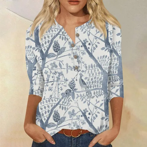 Vista 4 de Ropa de otoño para mujer, con cuello de botón, estampado de moda, siete mangas, estampado retro, camiseta ajustada y casual