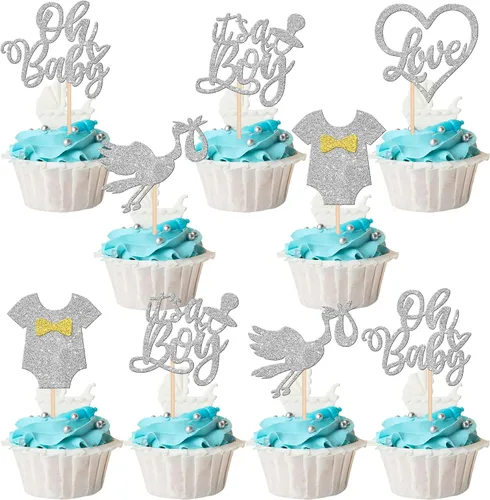 Vista 16 de 36 piezas de decoración para cupcakes con diseño de luna con purpurina de luna y estrella para revelación de género de bebé, baby shower, fiestas
