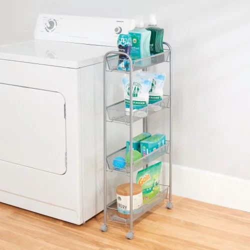 Vista 2 de mDesign Carrito organizador de almacenamiento de metal de acero delgado con 4 estantes para lavandería, cocina, organización de baño, soporte