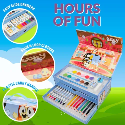 Vista 4 de Bluey Lápices de colores suministros de arte para niños y niñas, kit de dibujo, pintura, suministros escolares, kit de arte, estuche de viaje, Azul