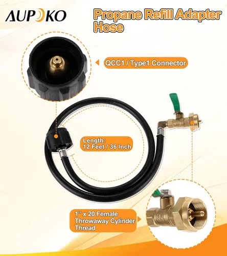 Vista 2 de Aupoko Manguera adaptadora de repuesto de propano de 36 pulgadas, manguera de extensión de propano con válvula de control de encendido y apagado