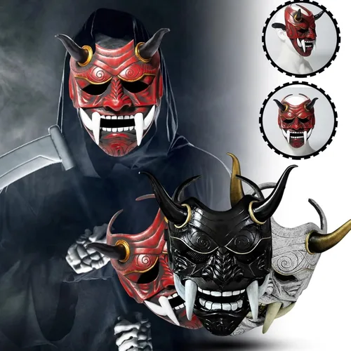 Vista 2 de HTLNUZD Máscara completa de látex de Halloween, máscara de cosplay japonesa para PrajnaHeadgear Samurai Evil KabukiHannya Party Mask Decora Negro