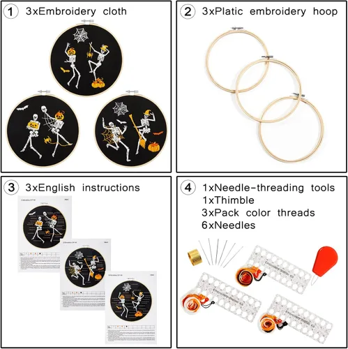 Vista 2 de Kit de bordado de Halloween para adultos principiantes, kit de punto de cruz estampado para adultos principiantes, divertido kit de iniciación