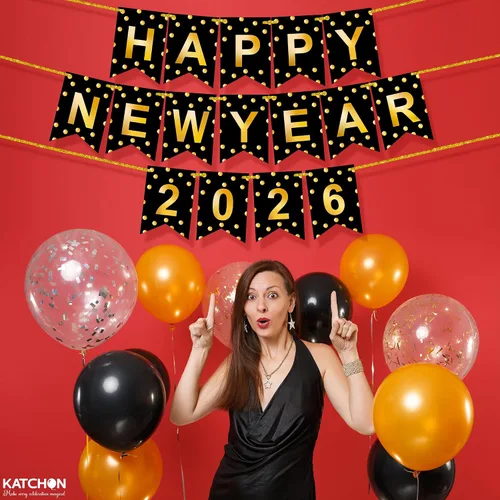 Vista 8 de KatchOn, Banner de Feliz Año Nuevo 2026 - Sin bricolaje, 10 pies Telón de fondo de Feliz Año Nuevo para suministros de fiesta de Nochevieja