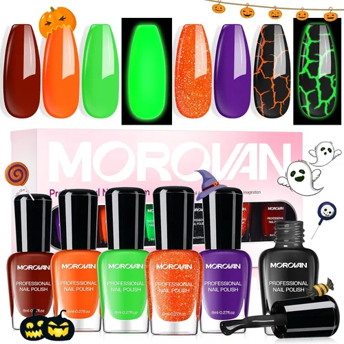 Vista 8 de Morovan - Juego de esmaltes de uñas de Halloween: negro, calabaza, naranja, brillante en la oscuridad, kit de esmalte de uñas verde neón con Paleta