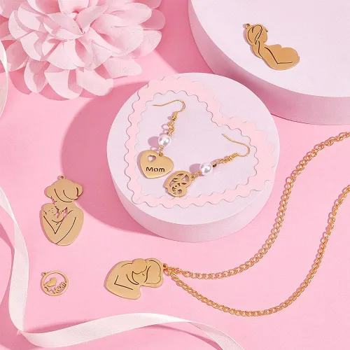 Vista 5 de Mother's Day Stainless Steel Pendants Mother Charms Flat Round with Mother Charms Pendants for Jewelry Making Golden