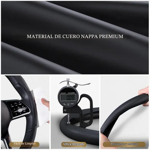 Vista 3 de Funda de cuero de napa para volante, ajuste rápido para ruedas de 14.5 a Negro