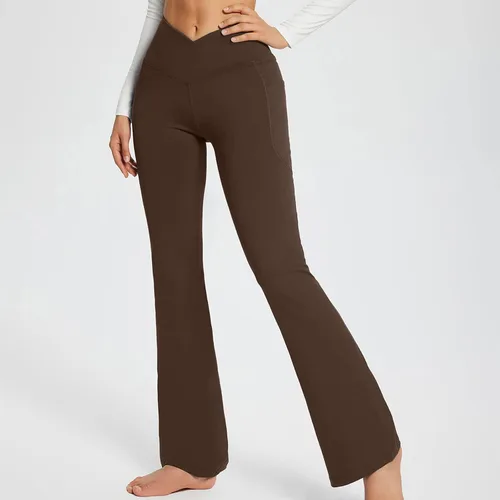 Vista 2 de Leggings acampanados cruzados para mujer, cintura alta, corte en V, corte de bota, pantalones de yoga acampanados con bolsillos