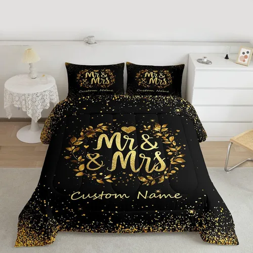 Vista 5 de Juego de ropa de cama personalizado con lentejuelas negras y doradas, tamaño individual, edredón de corazón dorado con purpurina para mujeres