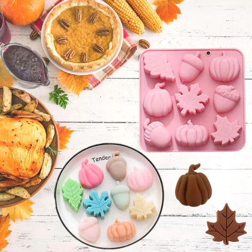 Vista 4 de 1 molde de silicona para chocolate con forma de hojas de arce, bellotas y calabazas en 3D para otoño, día de Acción de Gracias, tema de cosecha