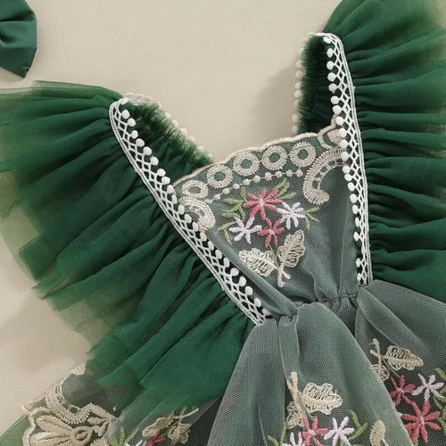 Vista 4 de Ursobutegl Mameluco de princesa para bebé recién nacida, vestido de malla bordado, elegante, tutú con falda, overol para cumpleaños