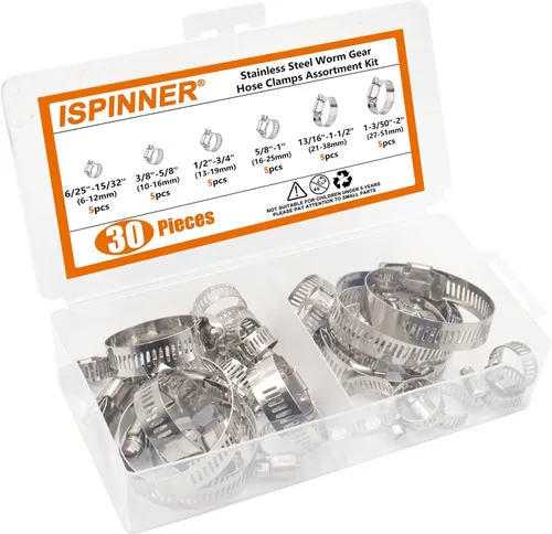Vista 7 de ISPINNER Juego de 30 abrazaderas de manguera 6-51mm (1/4"-2") Ajustable 304 Acero inoxidable Engranaje de gusano Abrazaderas de manguera 6 tamaños