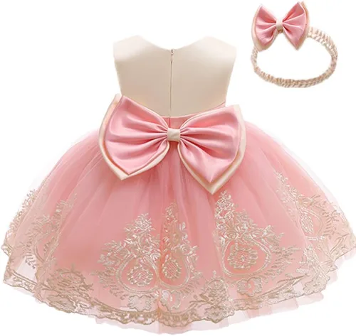 Vista 7 de 3M-6T Vestidos de Encaje con Lazo para Niñas Pequeñas Vestido de Gala Bordado para Bebé con Diadema