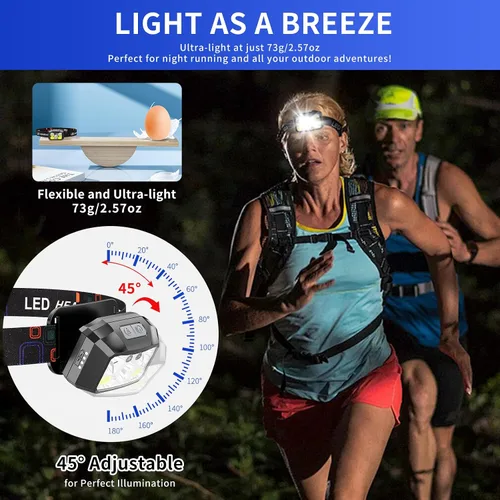 Vista 5 de Faro LED recargable, 400 lúmenes con luz roja y blanca, 8 modos, carga USB-C, IPX4 impermeable, para correr, senderismo, pesca y campamento