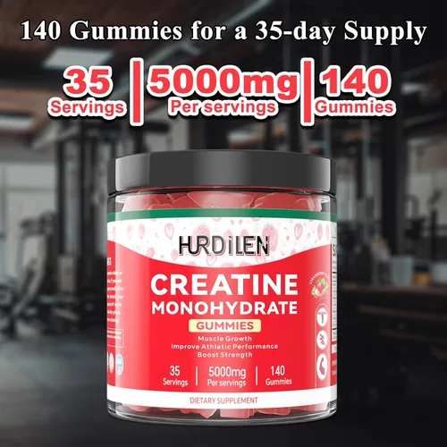 Vista 5 de 140 gomitas de monohidrato de creatina, 5000 mg de monohidrato de creatina sin azúcar para mujeres y hombres con L-taurina, vitamina B12 para fuerza