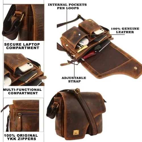 Vista 5 de WILD HOOK Bolso bandolera de cuero auténtico, bolso bandolera para viajes, trabajo, negocios, hombres y mujeres, Marrón Vintage