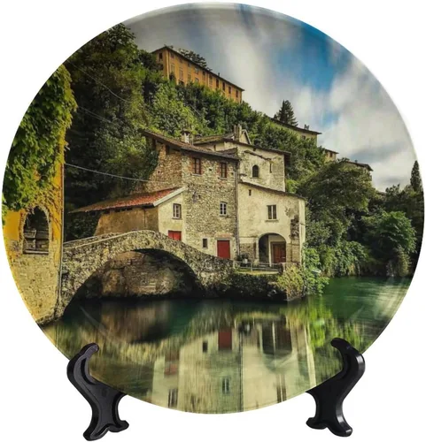 Vista 49 de Plato decorativo colgante de cerámica con temática de paisaje, plato decorativo redondo de plantas en maceta, con soporte decorativo, para sala
