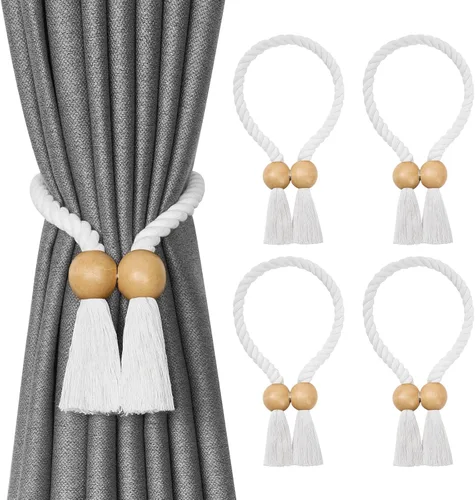 Vista 58 de NICEEC 2 Pack de Alzapaños Magnéticos de Madera en Forma de Cubo Boho para Decoración del Hogar, Alzapaños de Lino Tejidos a Mano para Cortinas Beige