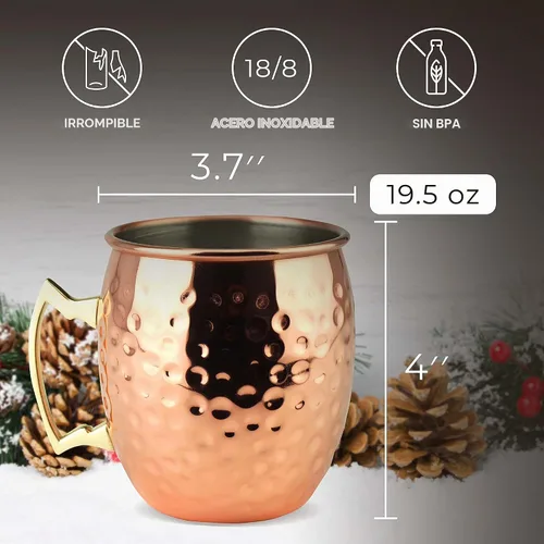 Vista 4 de PG Moscow Mule Tazas – Tamaño grande 19 onzas – Juego de 2 tazas martilladas – Forro de acero inoxidable – Chapado en cobre puro – Mango de latón