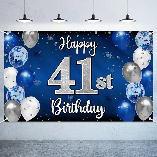 Vista 10 de Decoración de feliz cumpleaños número 100, globo azul y plateado grande cartel de fondo de cumpleaños de 100 años - Suministros para fiesta