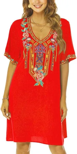 Vista 2 de AK Vestido campesino mexicano bohemio de verano para mujer, manga corta, floral, bordado, suelto, hippie, túnica bohemia