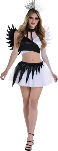 Vista 2 de Disfraz de ángel retorcido Mujer, XL (14-16) Elegante traje blanco y negro perfecto para Halloween, fiestas y más 1 juego