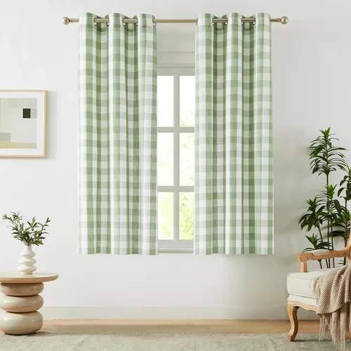 Vista 28 de Amzdecor Cortinas a cuadros con ojales de búfalo de 54 pulgadas de largo, cortinas texturizadas semitransparentes para sala de estar, dormitorio