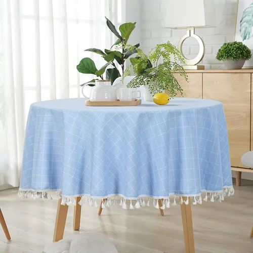 Vista 10 de ShinyBeauty Mantel Redondo Rosa Bebé de 55 Pulgadas Mantel Gingham Rosa a Cuadros Mantel de Mesa de Algodón para Mesa Redonda Mantel a Cuadros Rosa