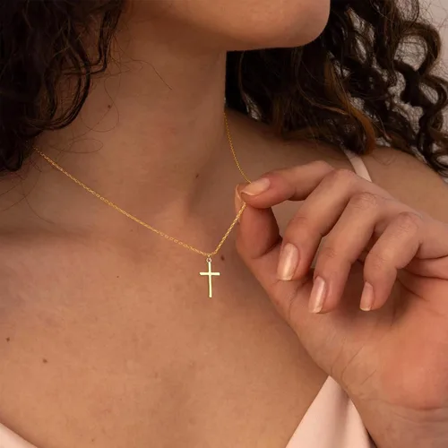 Vista 10 de Collar de cruz para mujeres y niñas, delicado chapado en oro de 14 quilates, gargantilla con dije de cruz que no se deslustra, impermeable, moderno