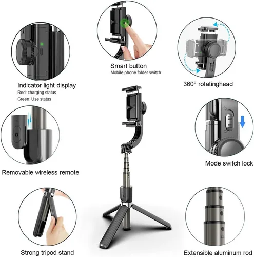 Vista 4 de Trípode inteligente antivibraciones para selfie stick de 33.85 pulgadas, barra de aluminio extensible con control remoto inalámbrico extraíble