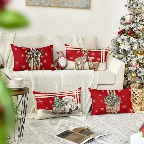 Vista 2 de AVOIN colorlife - Juego de 4 fundas de cojín con diseño de árbol de Navidad, renos, camiones y rayas rojas, para decoración festiva de invierno, 12