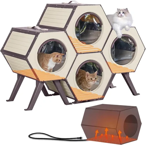 Vista 10 de GUTINNEEN Casa para gatos con calefacción expandible para múltiples gatos, aislada para invierno, cálido refugio para gatos con calentador ajustable