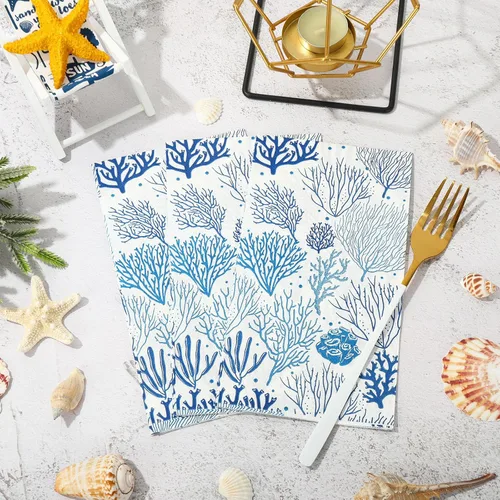 Vista 4 de JarThenaAMCS 100 servilletas de papel desechables de arrecife de coral blanco y azul, toalla de mano para cena de verano para el hogar, cocina
