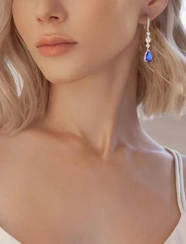 Vista 2 de Aretes colgantes de lágrima grande de boda con piedras natales de 0.394 x 0.551 in, aretes largos de plata de ley para mujer, regalos de joyería