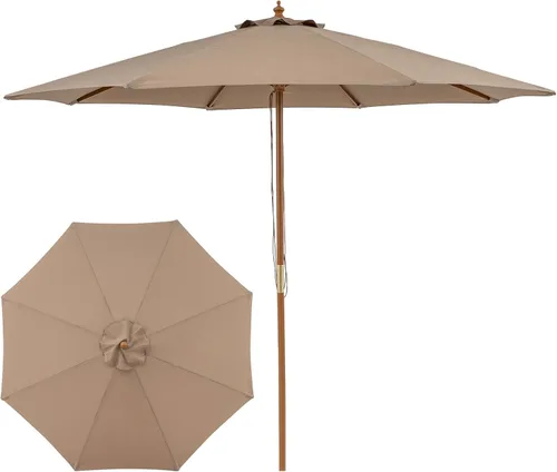 Vista 14 de Tangkula Sombrilla de patio de 9 pies, sombrilla de mercado de mesa al aire libre con 8 varillas de madera, 3 alturas ajustables, sistema de polea