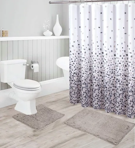 Vista 4 de Linen Plus - Juego de baño que incluye tapete de baño de felpilla suave antideslizante, tapete de contorno, cortina de ducha y ganchos de acero
