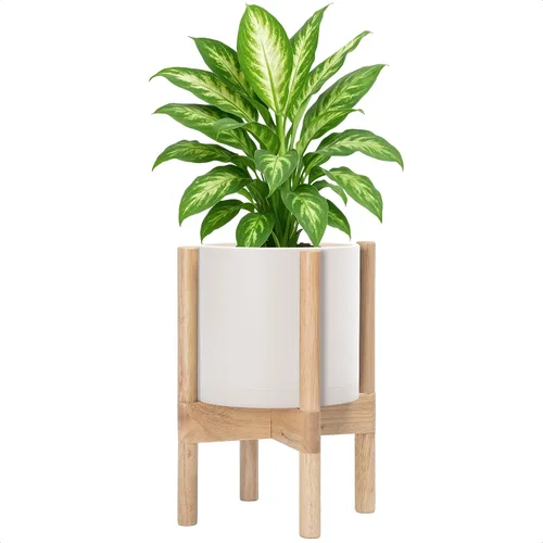 Vista 12 de Maceta de D'vine Dev con soporte - Maceta de flores de cilindro de plástico de 8.0 pulgadas con soporte de madera para interiores, maceta mate negra