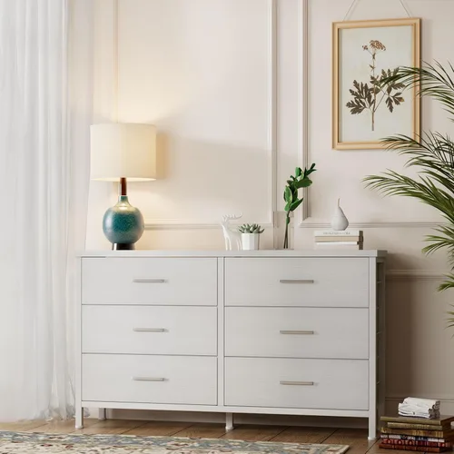 Vista 3 de BOLUO Cómoda blanca para dormitorio, 6 cajones, soporte de TV ancho para aparadores de TV de 50 pulgadas y cajoneras de tela para armario moderno
