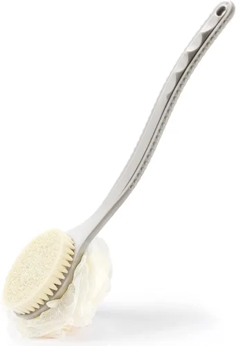 Vista 9 de Cepillo corporal de ducha con cerdas y esponja de esponja de malla, mango curvado Long Handle Bath Brush with Mesh Sponge for Skin
