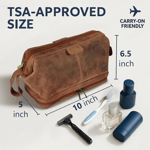 Vista 3 de Neceser de cuero para hombre - Kit Dopp para viajes, afeitado, viajes nocturnos, Marrón, M