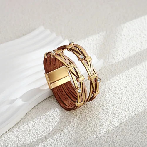 Vista 4 de Pulseras de cuero para mujer, estilo bohemio, multicapa, con cuentas de cristal, hechas a mano, apilables, de cuero, joyería