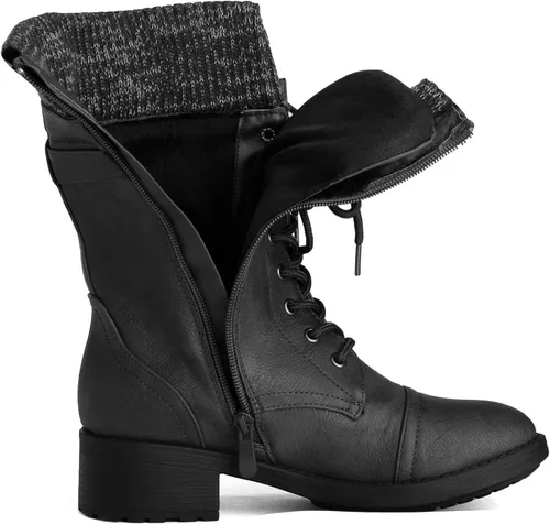 Vista 4 de DREAM PAIRS Botas militares de invierno con cordones a media pantorrilla para mujer