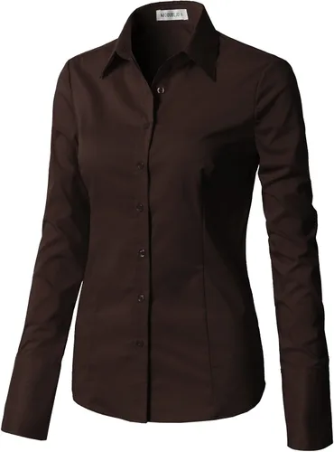 Vista 2 de Doublju - Camisas para mujer, elásticas de ajuste entallado, de algodón con botones, talla grande