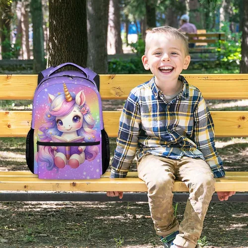 Vista 7 de Mochila para niñas, mochilas de unicornio para niños, bolsa de libros de 17 pulgadas para jardín de infantes primaria, preescolar, bonita mochila