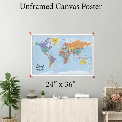 Vista 6 de Póster personalizado en lienzo enrollado con mapa del mundo, arte de pared con chinchetas – Grande 24" x 36" mapa del mundo de océanos azules